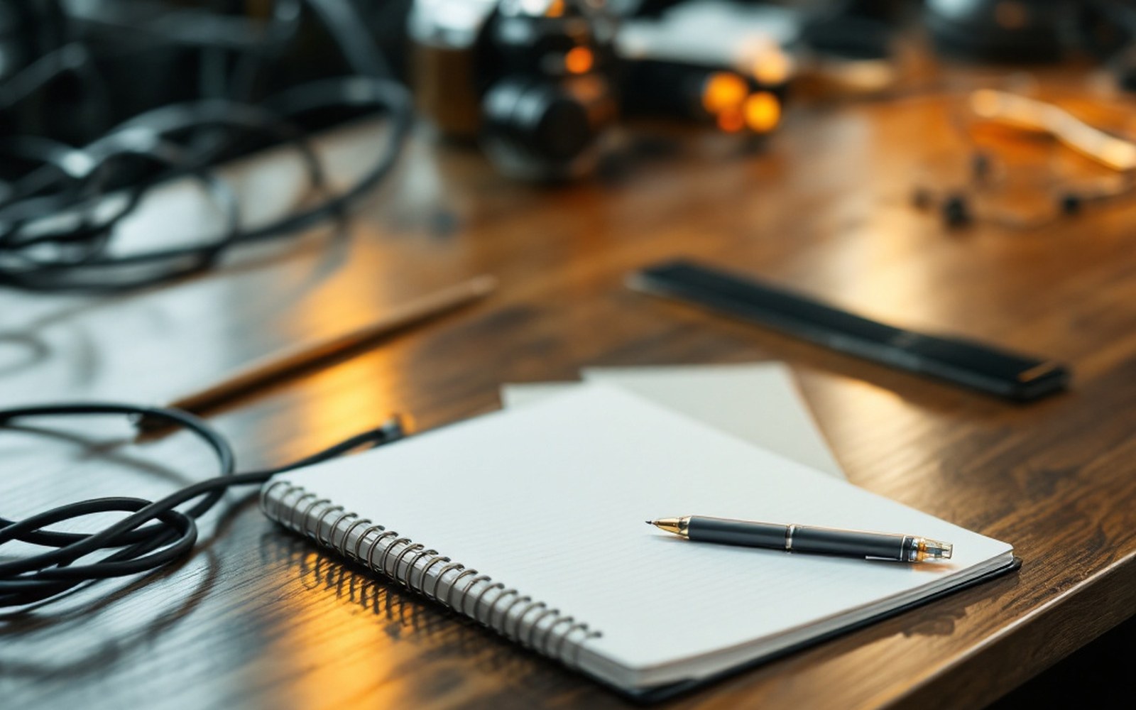 A plain desk with a notebook, a pen and a network cable coiled beside them